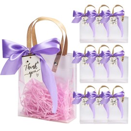 Bolsa de Plástico de PVC Transparente, 10 Bolsas de Regalo de Plástico Transparente con Asa, Bolsas de Compras Reutilizables con Cintas y Paja de Rafia 20x15x7cm (Morado)