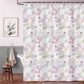 AOFOTO Floral Shower Curtain Rustic Spring Pink Yellow Flowers Leaves Printed Bathtub Bath Curtains Farmhouse Art Shower Curtain Waterproof Bathroom Home Decor with Hooks 72x72 Inch