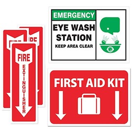 Emergency Safety Sticker Sign | FULL SET | Fire Extinguisher Arrow | Eye Wash Station | First Aid | OSHA Requirement (5-pack)
