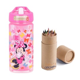 OM SUPPLIES Reusable Square Water Bottle Drink Bottle with built-in handle for Easy Carry School Lunch Kids Childrens 510ml BPA free Plastic Includes Half Size 12pcs Pencil Set (Minnie)