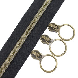 YaHoGa #5 Antique Brass Metallic Nylon Coil Zippers by The Yard Bulk 10 Yards Black Tape with 20pcs Anti-Brass Sliders for DIY Sewing Tailor Craft Bag (Anti-Brass Black)