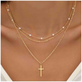 Aneneiceera Vintage Layered Pearl Cross Choker Necklace Gold Cross Pendant Necklace Tiny Pearl Necklace Long cross Crucifix Necklace Chain Jewelry for Women