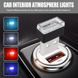 Hbxdeco 4 PCS USB LED Car Interior Atmosphere Lamp, Portable Mini Auto LED Decor Night Light, Plug-in USB Interface Ambient Lighting Kit, Universal Car Interior Accessories(White+Blue+Red+Ice Blue)