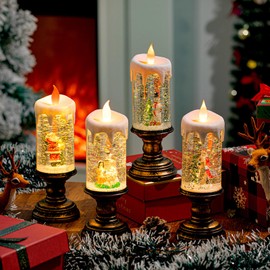 Honoson 4 Pack Christmas Snow Globe Flameless Candle Water Spinning Candles Lighted LED Christmas Candles Battery Operated Glittering Snow Globes for Christmas Holiday Tabletop Decor