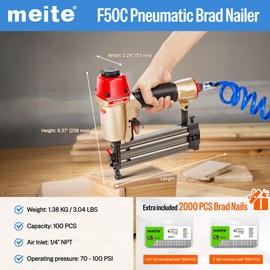 meite F50C Pneumatic Brad Nailer with 2000pcs Nails (1-1/4", 2"), Air 18 Gauge Brad Nailer Small Finish Nail Gun for Trim Work, Fires 18 Gauge Brad Nails 5/8 Inch to 2 Inch