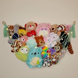 Stuffed Animal Storage Macrame Hammock w/String Lights for Flat Walls - Large, 2 Pack - Boho Decor Toy Storage - Hanging Plushie Stuffed Animal Net Organizer (Mint)