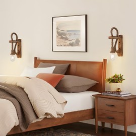 Farmhouse Wood Sconces Wall Lighting for Bedroom,Rustic Wall Mount Sconce with Wood Bracket & Adjustable Hemp Rope, Rustic Wall Lamp for Bedroom Entryway Hallway Living Room.