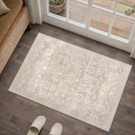 PureCozy 2x3 Area Rug Washable Beige Vintage Entryway Door Mat Carpet Indoor Non Slip Small Low Plie Thin Kitchen Bathroom Rug Retro Accent Throw Entrance Bedroom Office Living Room