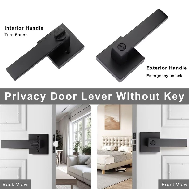 NIZADO 6 Pack Black Privacy Lever Door Hardware, Square Bath