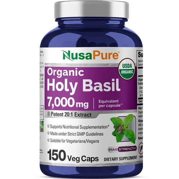 NusaPure USDA Organic Holy Basil Capsules 7000 mg | 150