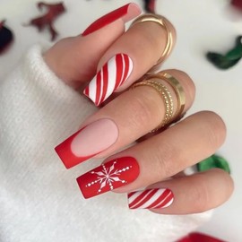 Christmas Press on Nails Long Coffin Fake Nails Full Cover Acrylic False Nails with Design Snowflake Glue on Nails Red Matte Artificial Winter Xmas Stick on Nails for Women Christmas Nails Art 24Pcs