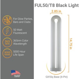 Diodesy- Fluorescent U-Bend T10 Black Light Bulb 50W U-Shaped Fluorescent Replacement Lamp UV Light 368nm Color Wavelength GX10q 4-Pin Base for Office School Club Party 5,000 Hour Life Span Pack of 5