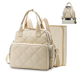 Large Diaper Bags with Changing Pad, 6 in 1 Travel Diapers Backpack, Baby Bag for Mom Quilted Mommy Daipering, Hospital Bag for Women Labor Delivery Maternity Tote (Light Khaki)