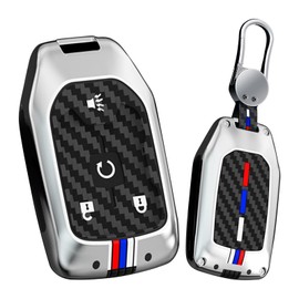 HIBEYO Key Fob Cover Compatible with Chevy Trail Boss GMC Denali 2500HD Silverado 1500 RST Sierra AT4 1500 LT Terrain Accessories Alloy Carbon Fiber Texture with Keychains-4 Button Silver