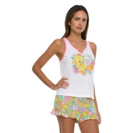 COCO BRANDS Womens Pajama Sets - 2 Piece Looney Tunes Tweety Henley Tank Top and Short Pajama Set for Women (Sizes: S-XL), Yellow / Tweety Floral Stay Chill, Large