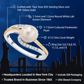 Gem Stone King 7-7.5MM Cultured Freshwater Pearl and Lab Grown Diamond Ring For Women | 925 Sterling Silver and 10K Yellow Gold | Fine Jewelry Gifts for Her Mom Wife (Size 7)