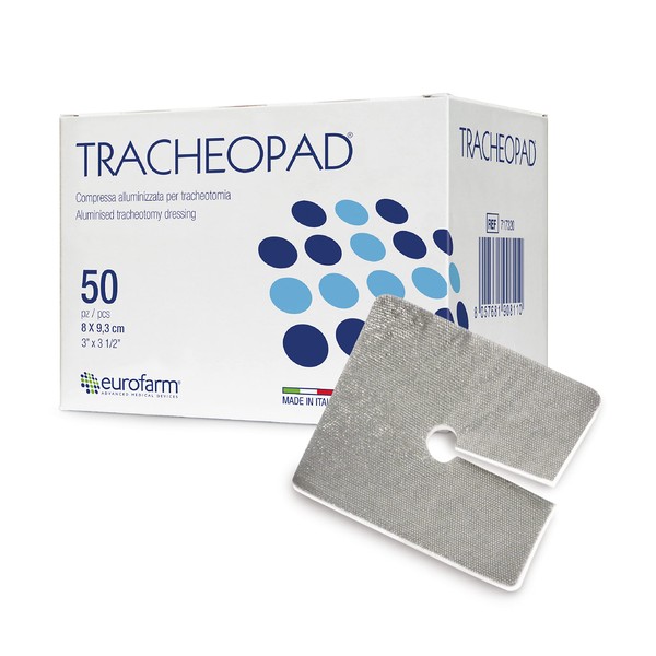 Tracheopad- Aluminised Adherent and Absorbent Non-Woven Dressing Especially Designed for use Around tracheotomies-50 Pcs./Box, Made in Italy (cm 8 x cm 9,3)