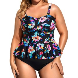 Daci Women Colorful Floral Two Piece Plus Size Swimsuit with Bottom Peplum Tankini High Waisted Tummy Control Bathing Suit 20W
