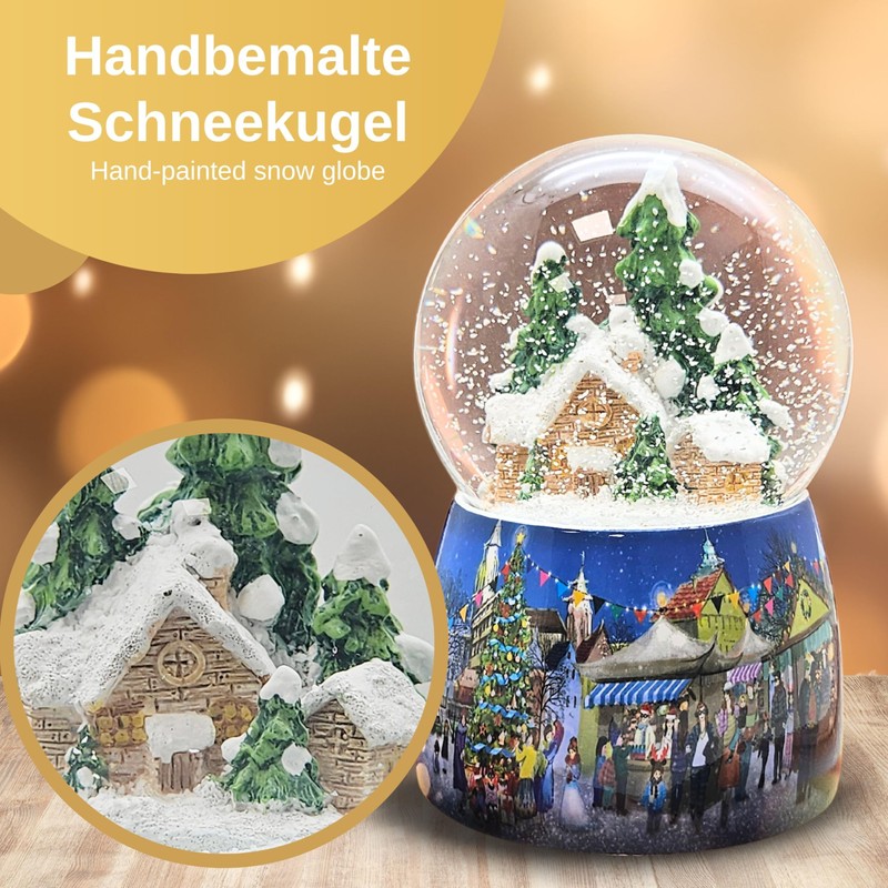 Snow globe Christmas music box, winter hut, base Christmas market