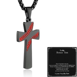 HZMAN To Bonus My Son, Baseball Cross Necklace I CAN DO ALL THINGS Bible Verse Stainless Steel Necklace Christmas Birthday Gift from Mom Dad (Black)