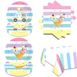 Ice Cream Party Decorations Ice Cream Party Plates Napkin and Tablecloth Disposable Tableware Serve 16 Summer Ice Cream Party Supplies for Girls Kids
