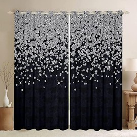 Feelyou Silver Glitter Print (No Glitter) Curtain Bling Decorations Black Darkening Window Drapes for Diamond Floral Blackout Curtains(30%-50%) Window Treatments (2 Panels 42 x 90 Inch)