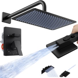 KES Black Shower Faucet Set with 12" Rectangle Rain Head, Shower Head System with 3-Modes Handheld Spray, Pressure-Balanced Anti-Scald Valve, XB6247S12-BK