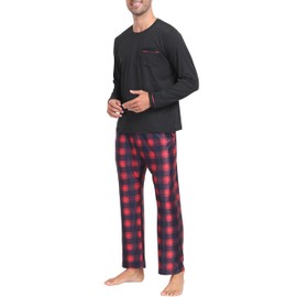 MoFiz Men's Pajama Sets Long Sleeve Couples Matching Pajamas Christmas Holiday PJs Lightweight Loungewear Sleepwear Nightwear Sets Soft Sleep Sets Red Plaid Pants with Pockets M