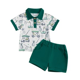 Toddler Baby Boy Golf Outfit Short Sleeve Golf Cart Polo T Shirts Top and Shorts Set 2Pcs Golf Theme Summer Clothes (Green, 3-4T)
