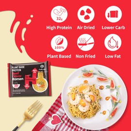 Hethstia Protein Ramen Spicy Beef Flavor, 6-Pack High-Protein Instant Noodle Meal, Plant-Based 32g Protein, Vegan, Non-GMO, Low Fat, Air-Dried, Non-Fried, Healthy Spicy Ramen Soup