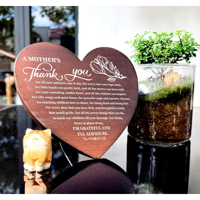 A Mother's Thank You, Heart Shaped Wood Plaque Gift, Standable