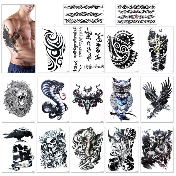 Konsait Unisex Temporary Tattoo in Black, Tattoo Body Art Small Sheets Tattoo Sticker Fake, Arm Tattoos Dragon Anchor Eye Scorpion Graphic Elk and Meh, 18 sheets