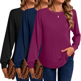 Ficerd 3 Pack Women's Long Sleeve Shirts, Casual Crew Neck Tunic Tops Loose Fit Pullover Curved Hem Shirts 2025 Trendy(Black, Dark Blue, Fuchsia,Medium)
