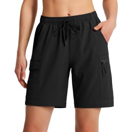 Ksmien Women's 7" Hiking Cargo Shorts Lightweight Quick Dry Ladies Summer Shorts with Zipper Pockets for Travel Golf Black