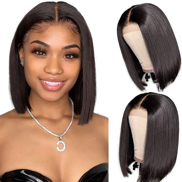 13 x 4 Lace Closure Short Bob Wigs, Brazilian Pure Real Hair Wig, Straight, Glueless Lace Front Wigs with Baby Hair, Natural Black, Free Part for Women, 20 cm