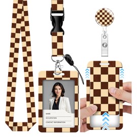 AKTDQ Vertical ID Badge Holder with Retractable Reel & Breakaway Lanyard - Card Protector for Nurses, Doctors, Teachers - Secure Clip,Brown Checkerboard