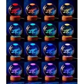 DIGFPWT Dinosaur Crystal Ball Lamp, 3D K9 T-Rex, 3.15in USB Powered, 16 Colors Change, Remote Control, Night Light with Wooden Base, Gift Box