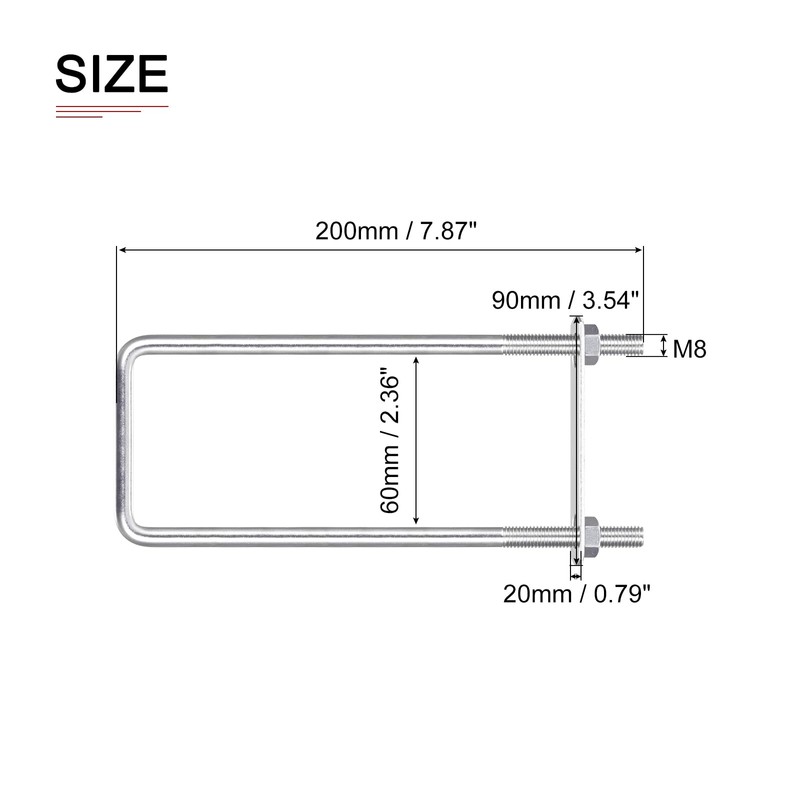DTGN M8x60x200mm (Screw Diameter x Width x Length) Square U-Bolt