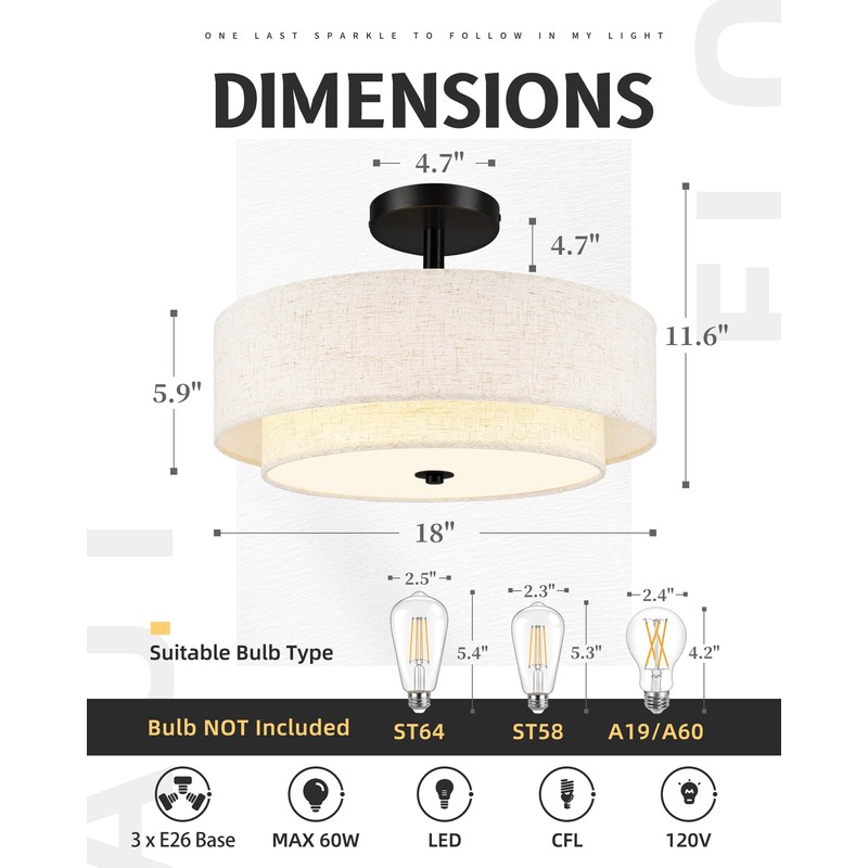 AUTELO Black Semi Flush Mount Ceiling Light, 3-Light 18" Flush