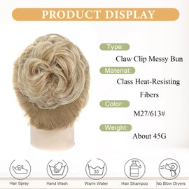 Purplelf Messy Bun Hair Piece, Claw Clip Bun Hair Pieces for women, Curly Fake Buns Tousled Updo Hairs Extensions for Daily Wear and Special Occasions (M27/613#)