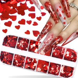 Red Heart Nail Art Glitter Valentine's Day 3D Holographic Love Heart Nail Sequins Red Glitters Heart Flakes Acrylic Nail Supplies Valentine's Day Design Decoration DIY Accessories Women 12 Grids