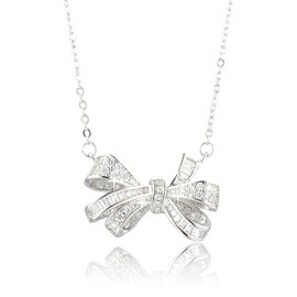 Rizilia 18K White Gold Plated Zirconia Bow Pendant Chain for Women Elegant Diamond Cut CZ Jewellery Trendy Bow Design Gift for Her (Simulated White Zirconia), Medium, Brass, Cubic Zirconia