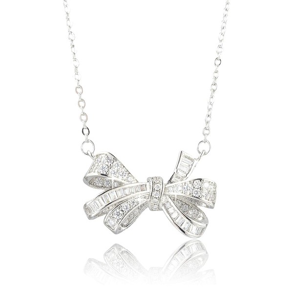 Rizilia 18K White Gold Plated Zirconia Bow Pendant Chain for