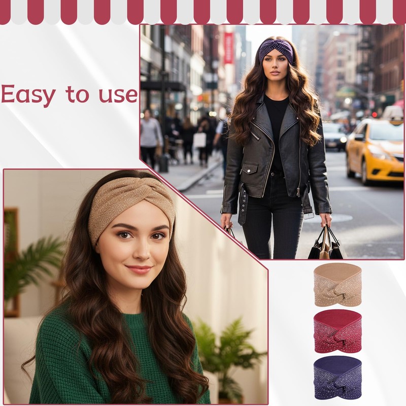 Rhinestone Wide Headbands for Women, 3 Pcs