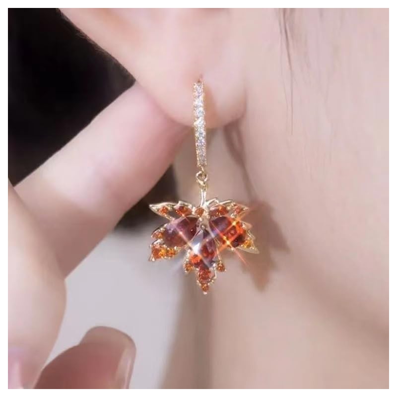 Fall Maple Leaf Earrings,Thanksgiving Fall Earrings Hoops Red Rhinestone Maple