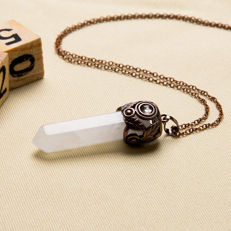 Bivei Retro Antique Brass Chakra Necklace Hexagonal Prism Gemstone Quartz