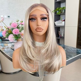 Carkira Candy Wear and Go Glueless Pre Plucked T Part Lace Front Wig Light Blonde with Brown 16Inch Layered Style Middle Part for Women Girls