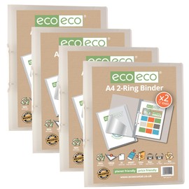 eco-eco A4 95% Recycled Presentation 22mm Spine 2 Ring Binder Clear, Pack of 4, eco112x4