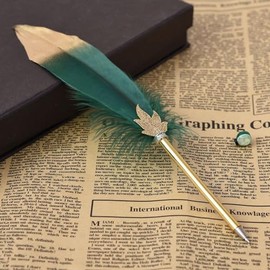 Quill Pen Vintage Feather Ballpoint Pen Refined Witchy Pen for Writing Signature or Gift Wedding Bridal (Dark green)