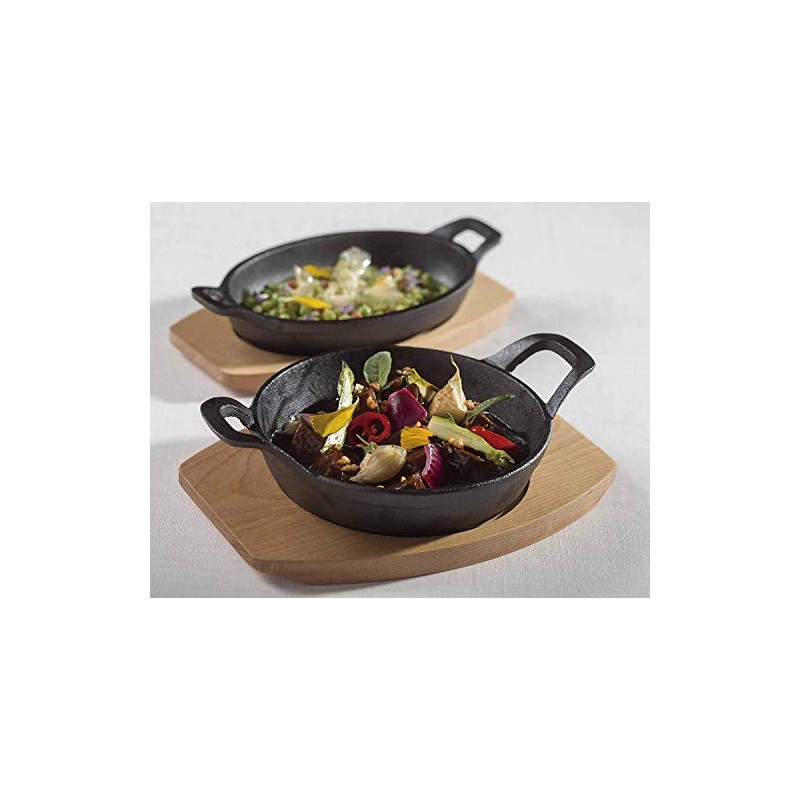 Lacor Magma Round Dish with Wood Base, Cast Iron, Black,